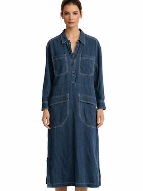 Bimba y Lola Denim Shirt Dress Size Medium Blue Utility Pockets Casual Chic